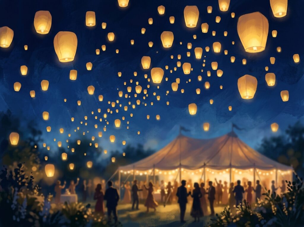 Illustration of glowing lanterns at night